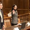 Mai Abdelhakim, an assistant professor at University of Pittsburgh, is sworn in Wednesday at the state Capitol before testifying to lawmakers on cybersecurity and the recent Aliquippa cyber attack.