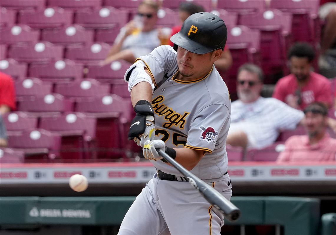 Yoshi Tsutsugo of the Pittsburgh Pirates flies out during the