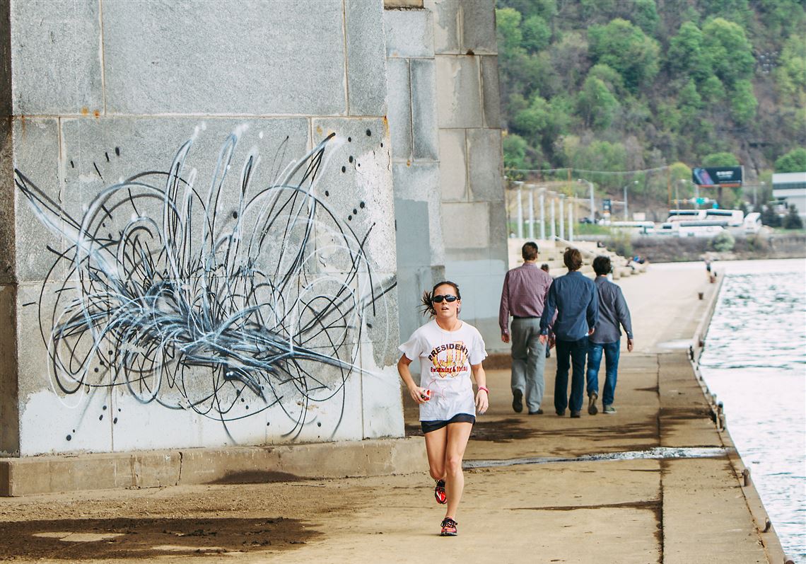 Graffiti can be seen on the walls near the river walk under the Fort Duquesne bridge ramp. The area is targeted for some upgrading this summer with plans for a public art installation.