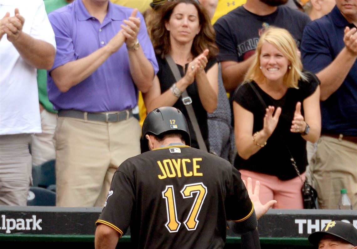 Pirates' Matt Joyce is cheered by fans after hitting a three-run home run against the Angels in the seventh inning Saturday at PNC Park.