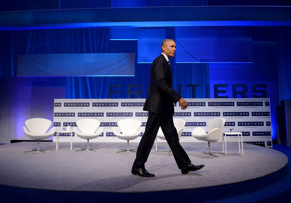 President Barack Obama walks off stage to interact with the audience at Frontiers Conference at Carnegie Mellon University on Oct. 13.  “The President coming here for the third time while in office to one university caught the attention of everyone, and not just here but overseas,” said CMU President Subra Suresh. 