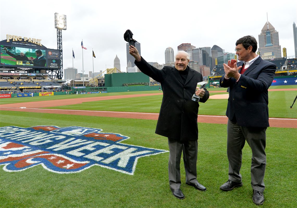 Former Pirates pitcher Bob Friend is honored next to owner Bob Nutting before the team takes on the Braves Friday, April 7, 2017, at PNC Park.
