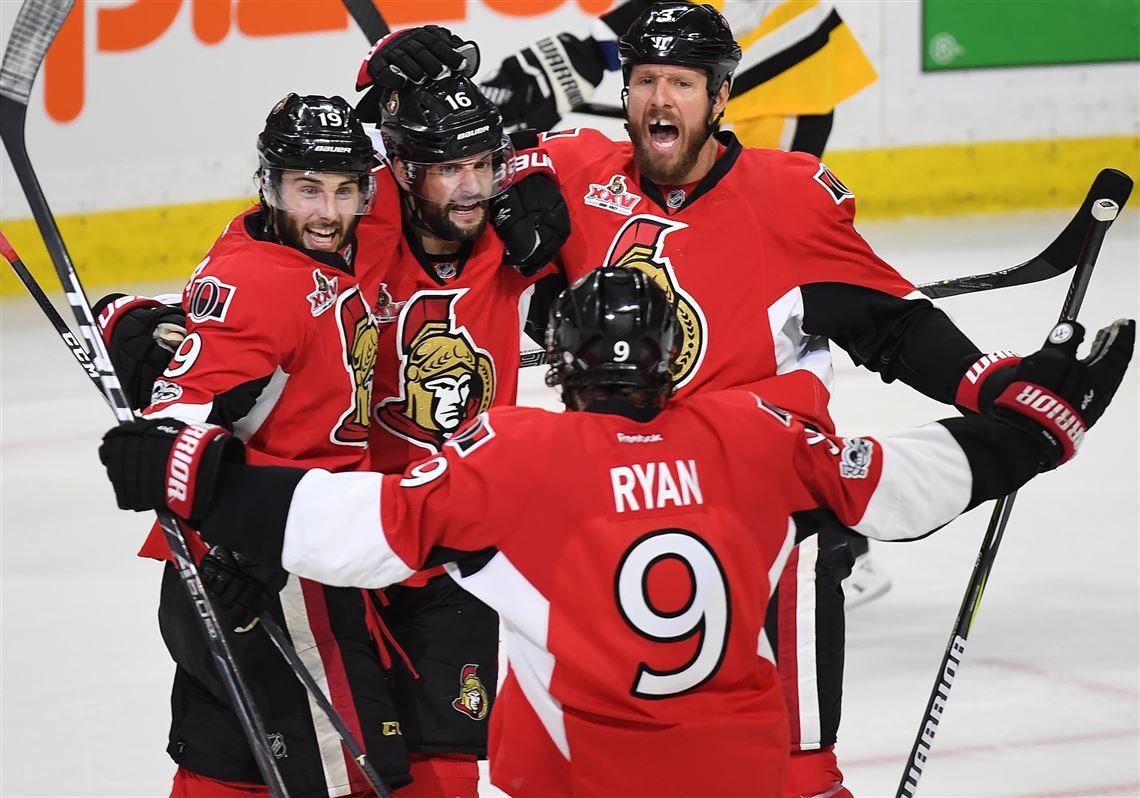 The Senators' Derick Brassard celebrates his goal in the first period against the Pittsburgh Penguins Wednesday at the Canadian Tire Center.