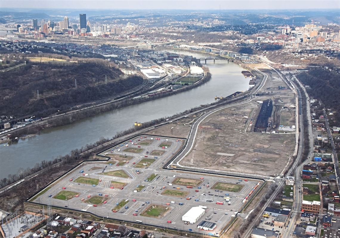 An aerial view of Hazelwood Green along the Monongahela River in April.