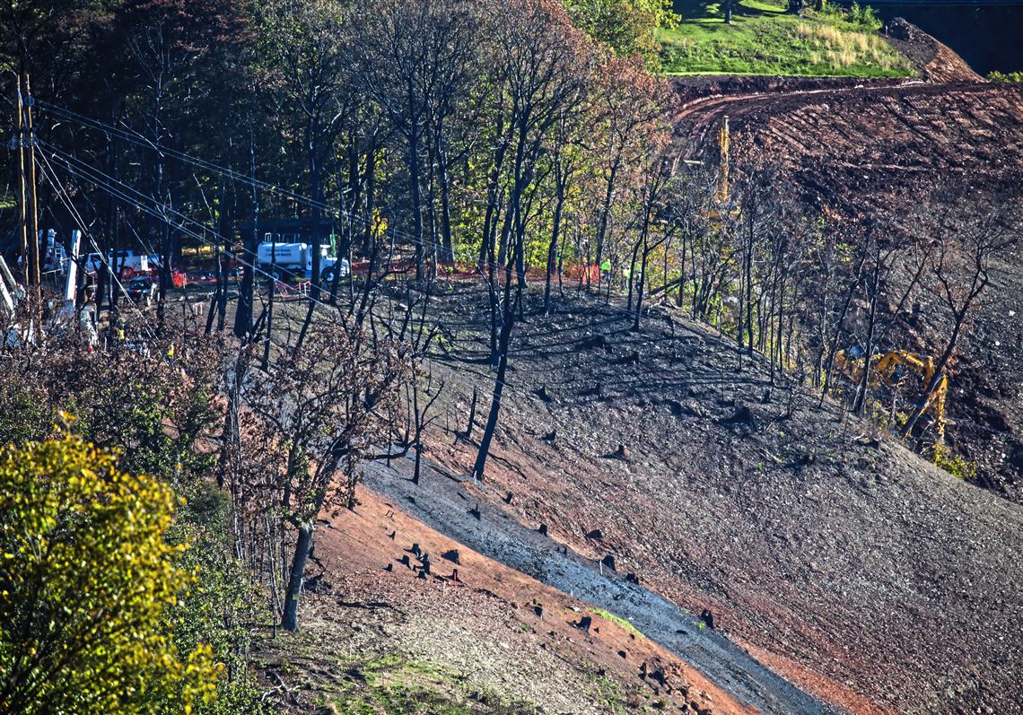 The site of a natural gas pipeline explosion seen here on Thursday, Oct. 18, 2018, in Center Twp. The Revolution pipeline, 24-inch line owned by Energy Transfer Corp., exploded on Sept. 10, 2018 possibly caused by a landslide.  (Andrew Rush/Post-Gazette)    