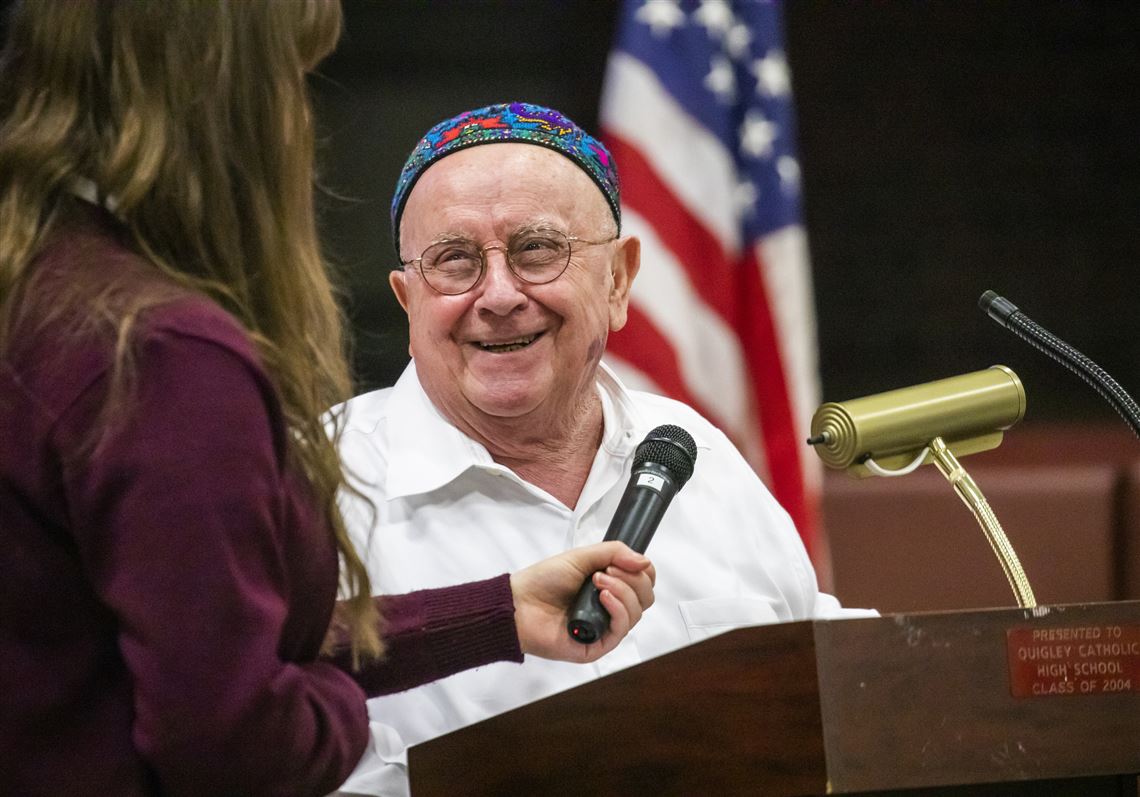 Holocaust and Tree of Life survivor Judah Samet speaks to students at Quigley Catholic High School on Thursday , Feb. 7, 2019, in Baden. Samet was a guest of the White House for President Donald Trump's State of the Union address on Tuesday.  