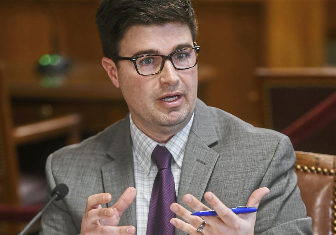 Pittsburgh City Councilman Corey O'Connor, who co-sponsored the gun-control legislation with Councilwoman Erika Strassburger, talks about the measures during a council meeting Wednesday March 27, 2019, at the Pittsburgh City-Council Chambers, Downtown Pittsburgh.                      