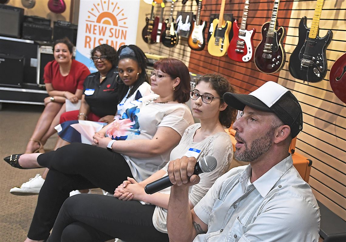 Jeb Feldman of The Joinery answers questions May 2 during the Launch Sto-Rox Showcase at Hollowood Music & Sound in McKees Rocks.  