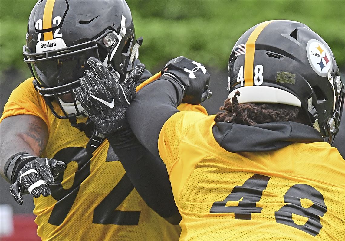 Pittsburgh Steelers outside linebackers T.J. Watt (90) and outside  linebacker Bud Dupree (48) on the sideline