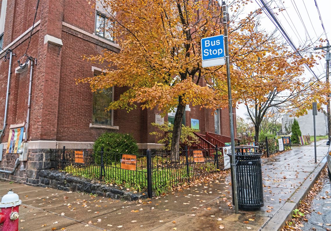 The bus stop outside Northside Common Ministries photographed on Thursday, Nov. 7, 2019, on the North Side.   (Andrew Rush/Post-Gazette)    