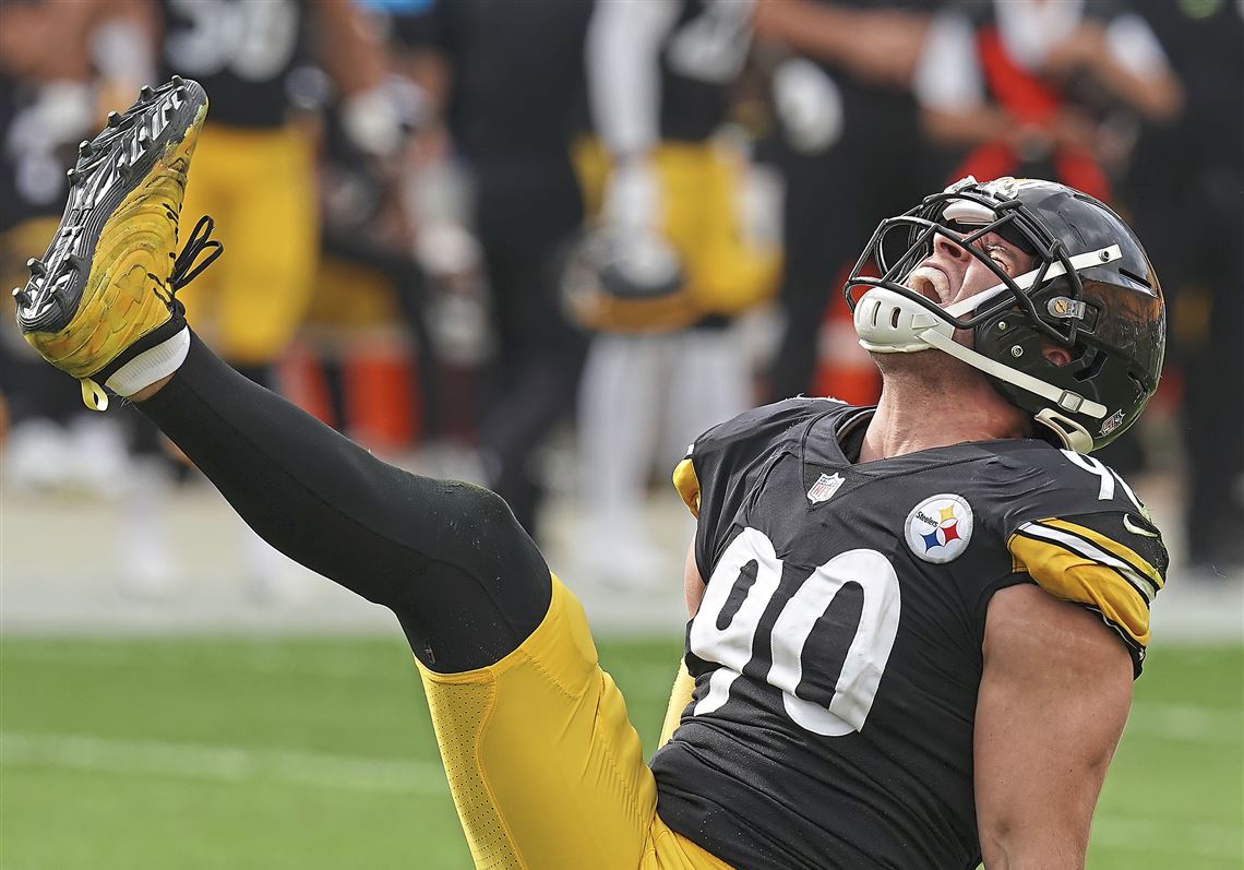 Steelers outside linebacker T.J. Watt celebrates after sacking Texans quarterback Deshaun Watson Sunday, Sept. 27, 2020, at Heinz Field in Pittsburgh.   