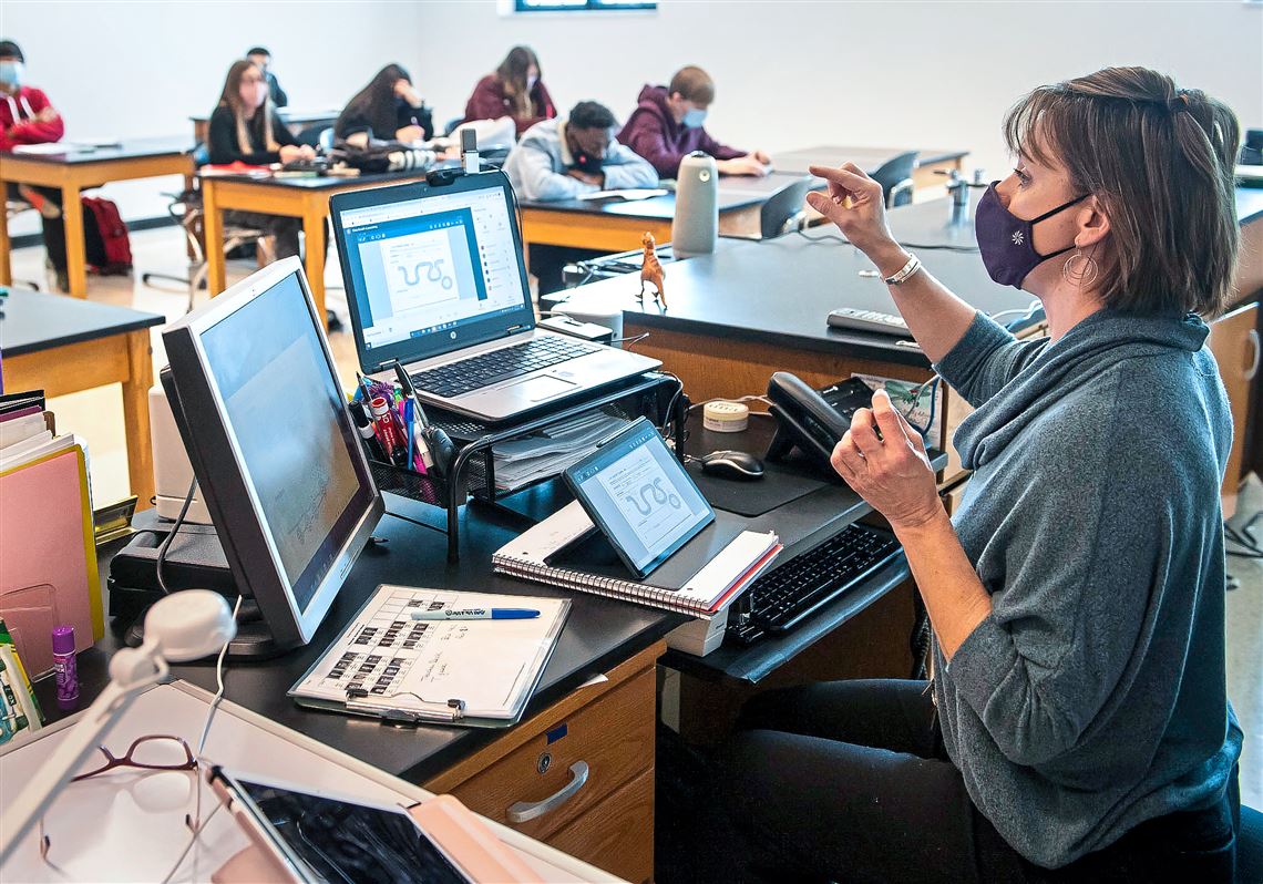 Tina Gaser teaches one of her freshman biology classes on Feb. 12 at Baldwin High School. Many districts are expanding summer school options and the number of eligible students to help bridge gaps causedby pandemic-related disruptions.