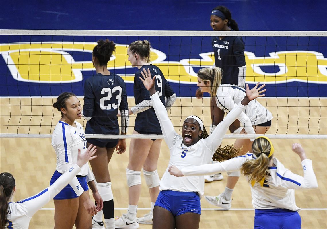 Pitt middle blocker Chinaza Ndee (5) celebrates the winning point in the fourth set as the Panthers defeated Penn State 3-1 during the second round of the 2021 NCAA tournament, Saturday, Dec. 4, 2021, at Petersen Events Center in Oakland. 
