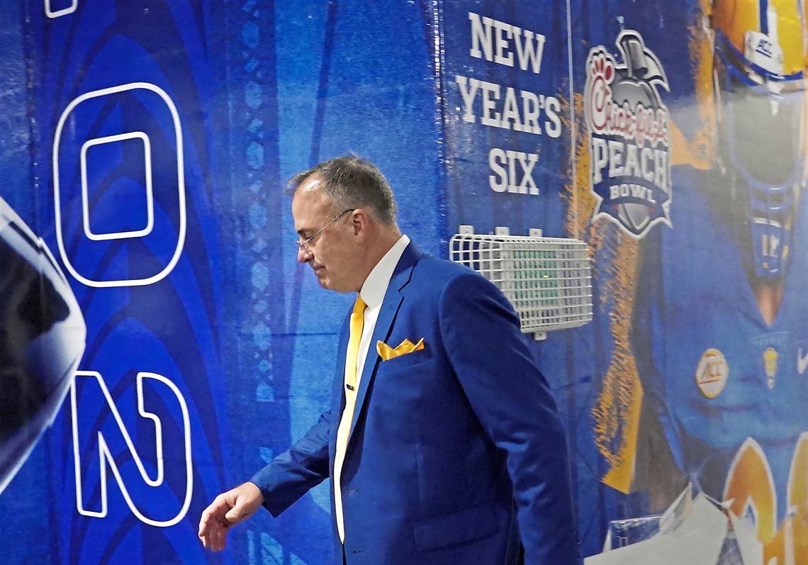 Pitt head coach Pat Narduzzi heads to the locker room as his team arrives to take on Michigan State in the Peach Bowl, Thursday, Dec. 30, 2021, at Mercedes-Benz Stadium. 