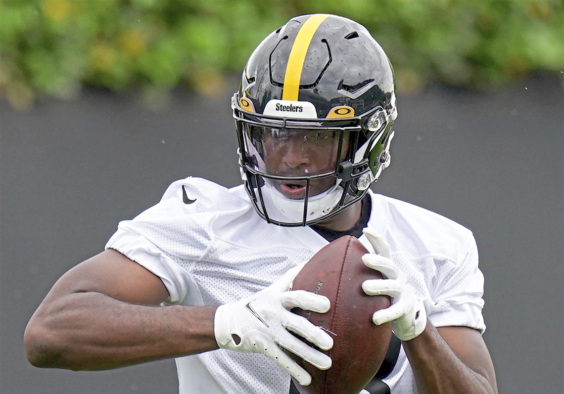 Pittsburgh Steelers wide receiver Miles Boykin (13) warms up wearing a  patch on his uniform for the 50th anniversary of the Immaculate Reception  before an NFL football game against the Las Vegas