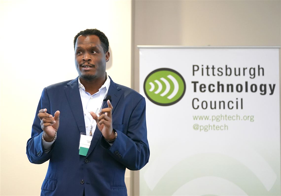 Claye Greene, CEO and President of TechBlue Inc, delivers a keynote speech  on leadership strategies at Pittsburgh TechFest, Friday, Sept. 22, 2023, in Homestead. 