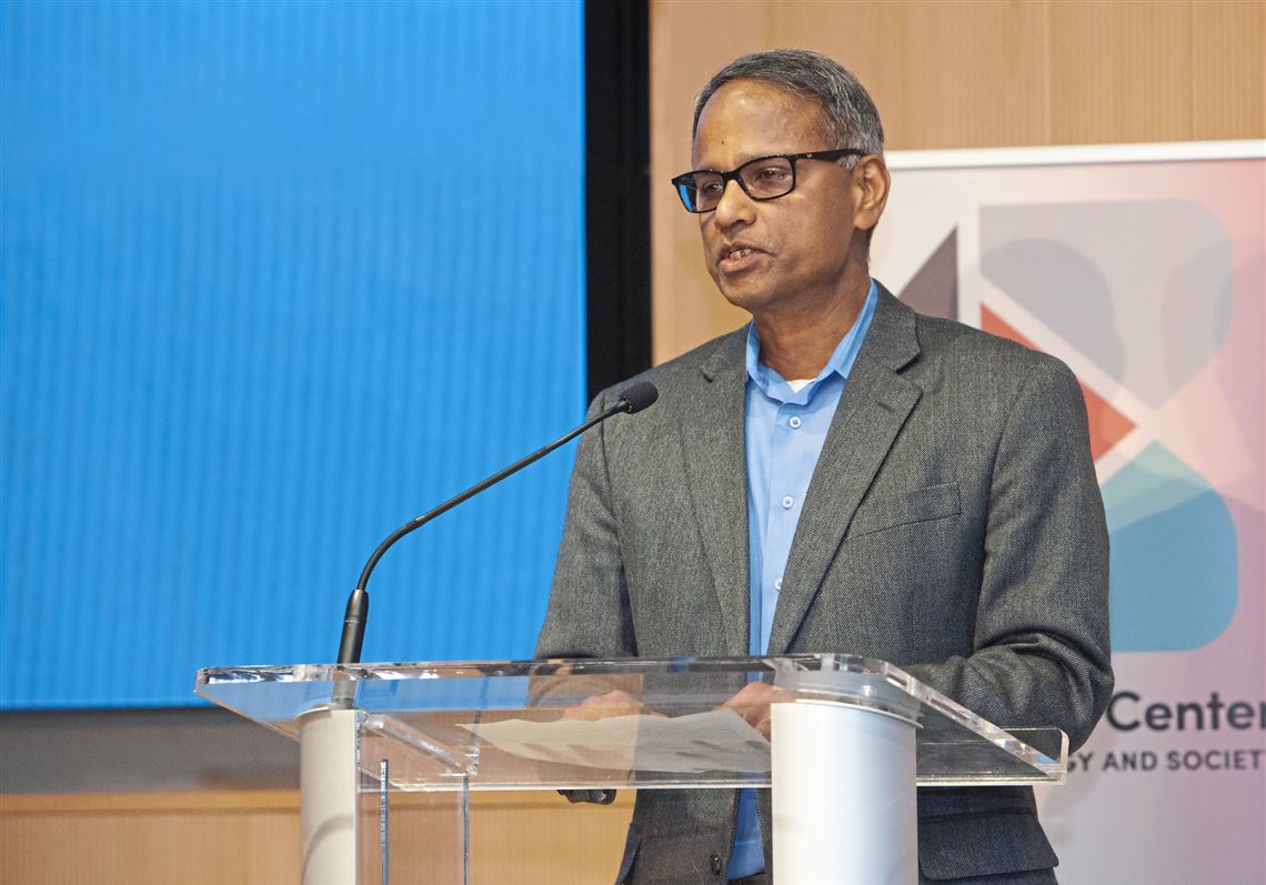 Ramayya Krishnan from the CMU Block Center delivers remarks on AI usage on Feb. 23 at The Tepper School of Business, Carnegie Mellon University, Oakland.  CMU has been revered as a pioneer of artificial intelligence and ranked by several organizations as the top undergraduate AI program nationwide.