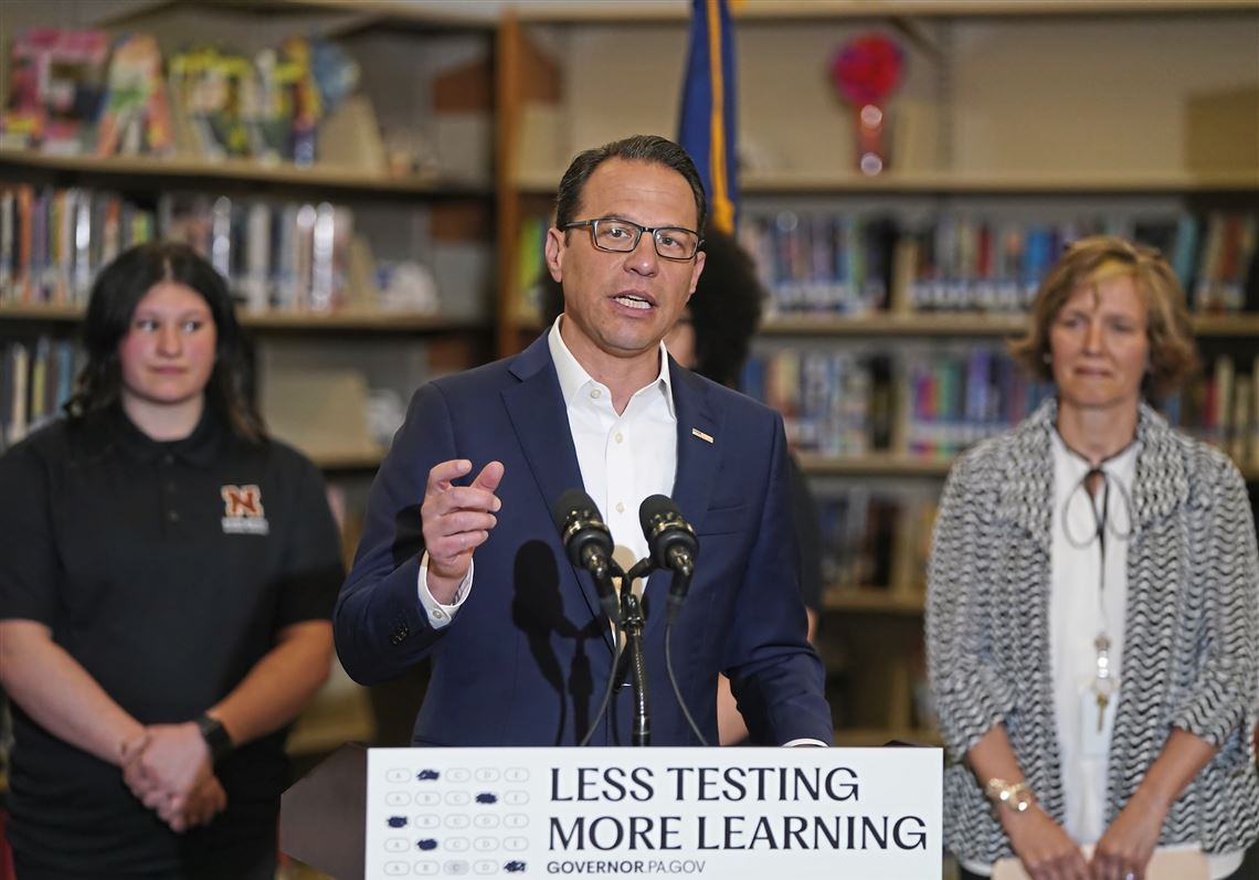 Gov. Josh Shapiro discusses changes in state testing programs during a press conference at Northgate high school and middle school in Bellevue on Thursday, April 18, 2024.  