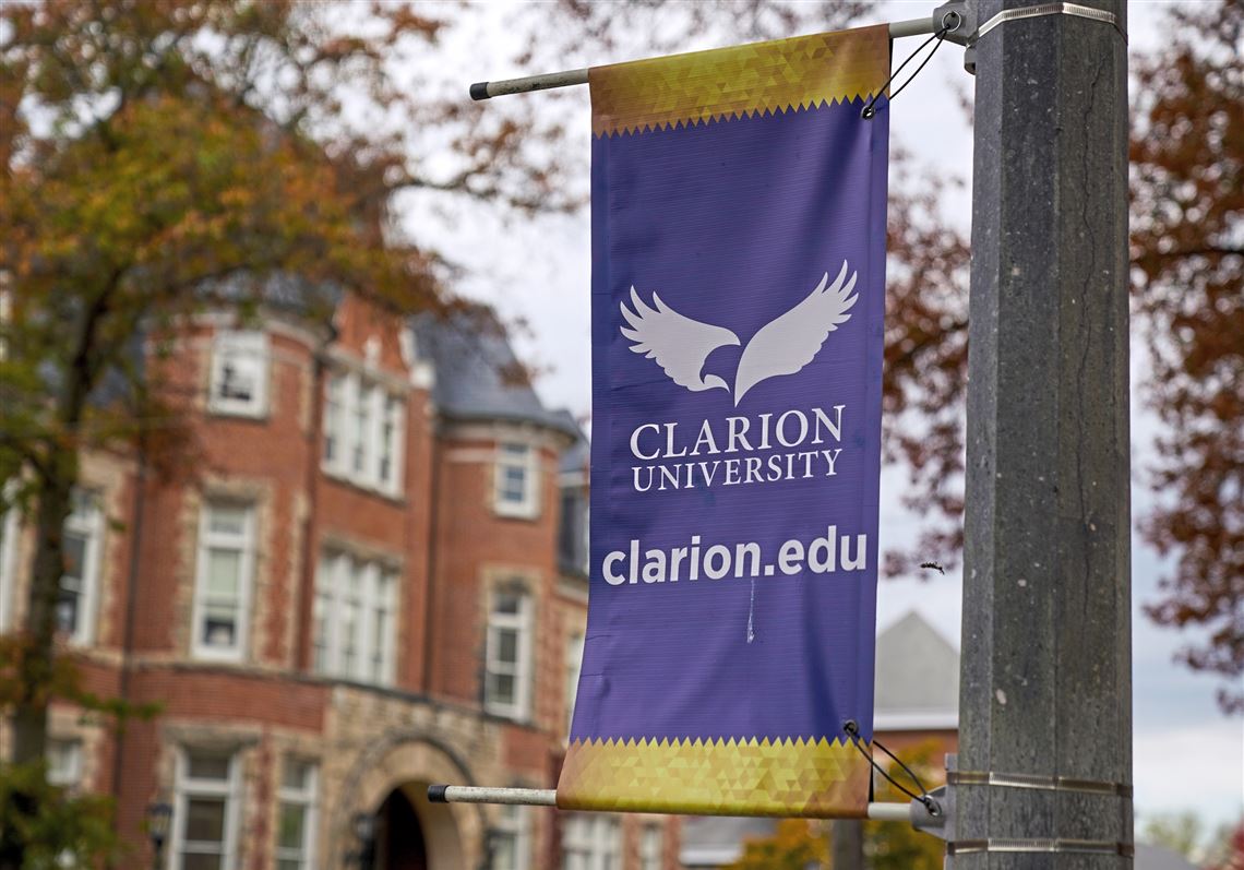 A banner on the campus of Clarion University in Clarion, Pa., on Oct. 21, 2020. The university is one of the State System of Higher Education schools facing a potential merger due to budget shortfalls.