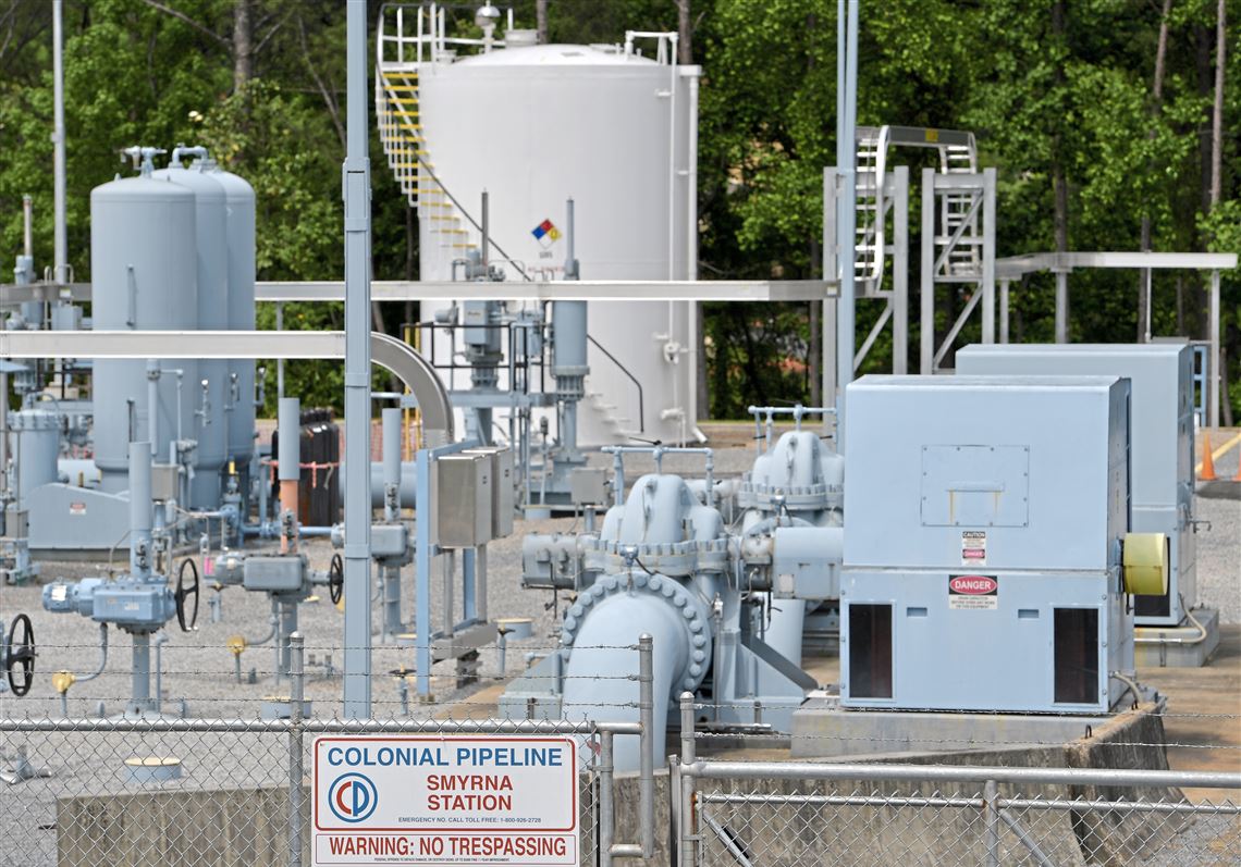 A Colonial Pipeline station is seen, Tuesday, May 11, 2021, in Smyrna, Ga., near Atlanta.  Colonial Pipeline, which delivers about 45% of the fuel consumed on the East Coast, halted operations last week after revealing a cyberattack that it said had affected some of its systems. 