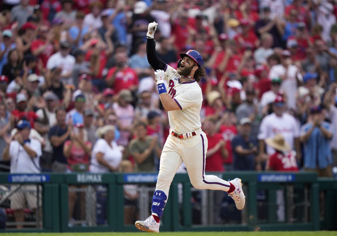 Bryce Harper of Philadelphia Phillies reacts after his at bat