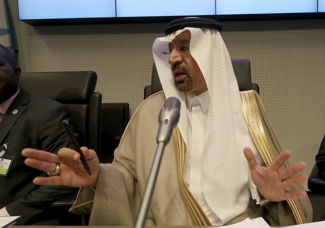 Khalid Al-Falih Minister of Energy, Industry and Mineral Resources and President of the OPEC Conference of Saudi Arabia speaks to journalists prior to the start of a meeting of the Organization of the Petroleum Exporting Countries, OPEC, at their headquarters in Vienna, Austria, Thursday, May 25, 2017. (AP Photo/Ronald Zak)