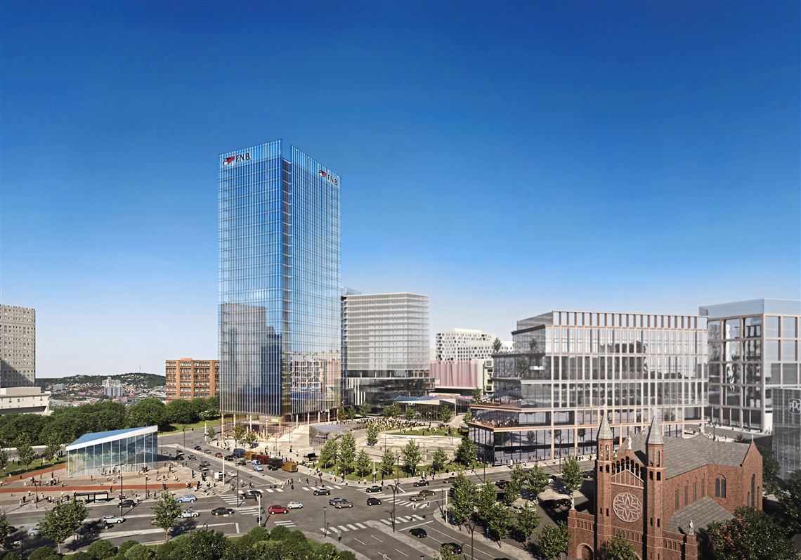 Rendering of the new 26-story office tower to be built at the former Civic Arena site. First National Bank will be the anchor tenant. 