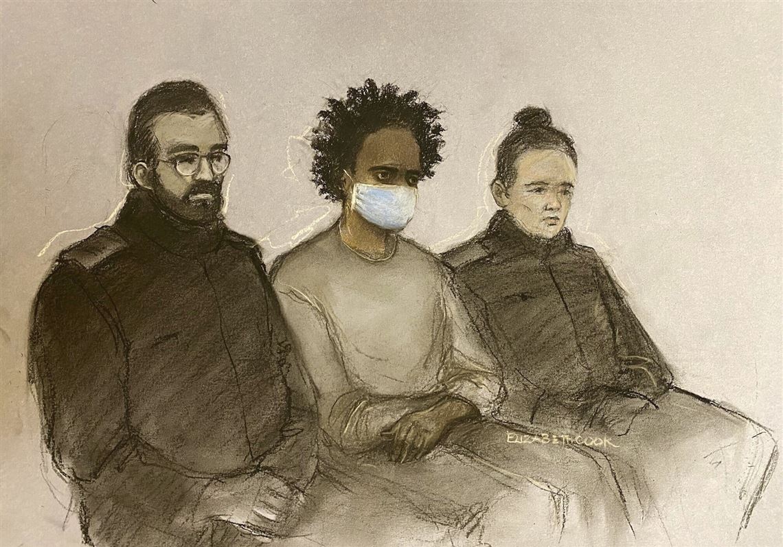 arafed drawing of three people sitting on a bench with a mask on