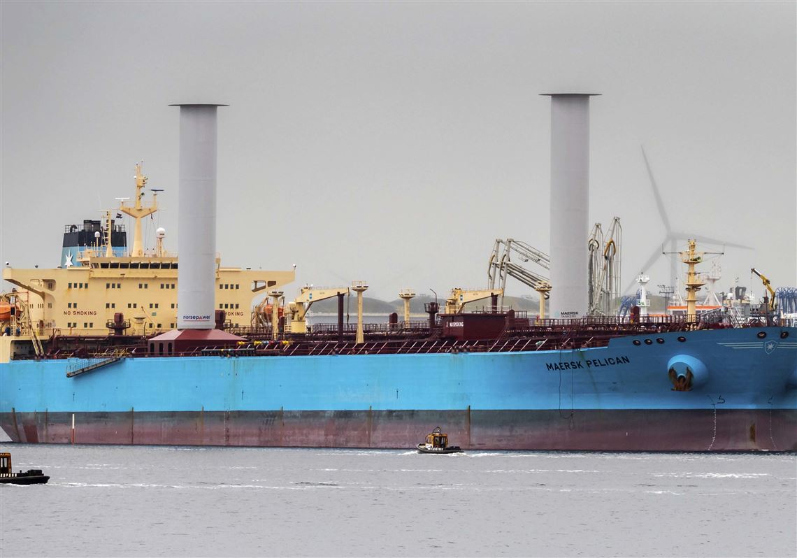 Finnish startup company Norsepower installed its rotor sail technology on the Maersk Pelican tanker, Aug. 29, 2018, in Rotterdam, Netherlands, in the first such installation on a tanker as the shipping industry tries new solutions in an effort to cut greenhouse gas emissions.  The Maersk Pelican oil tanker is testing Norsepowerâ€™s 30 meter (98 foot) deck-mounted spinning columns, which convert wind into thrust based on an idea first floated nearly a century ago.  Transportâ€™s contribution to earth-warming emissions are the subject of investigations as negotiators gather in Katowice, Poland, for U.N. COP24 climate talks. (Casper Hariot/Maersk Tankers via AP)
