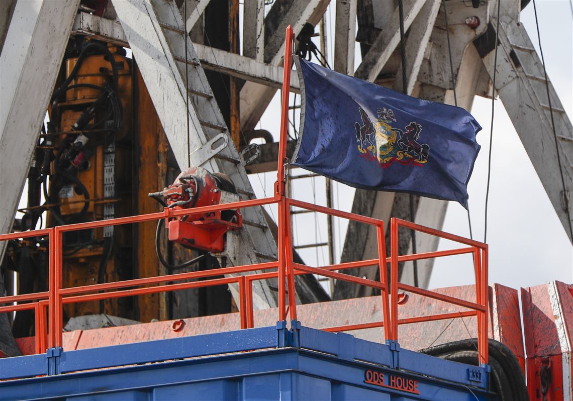 A drilling rig as work continues at a shale gas well drilling site in St. Mary’s, Pa. 