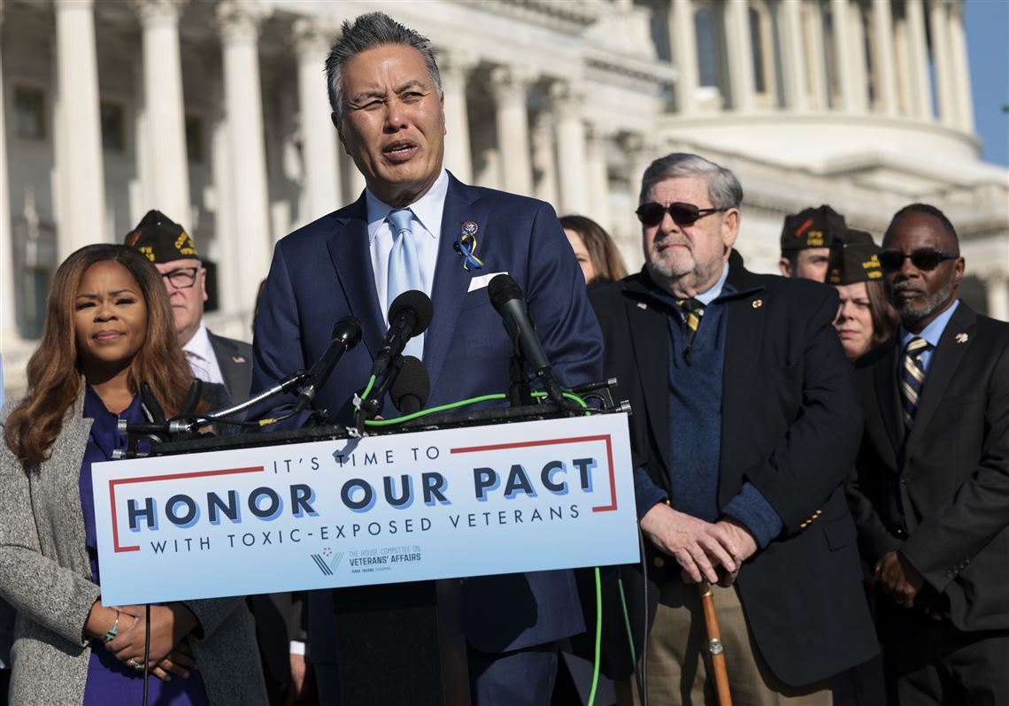 Rep. Mark Takano, D-Calif., is joined by fellow lawmakers and veterans advocates on Wednesday for a news conference on the Honoring our Promise to Address Comprehensive Toxics (PACT) Act of 2021, at the U.S. Capitol. 