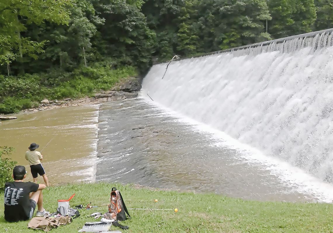 The Indian Creek Dam's 250-foot long spillway aerates water discharges into Indian Creek. Located next to the gore trailhead, the Fayette County dam was built in 1905 by the Pennsylvania Railroad, and is now owned by the Municipal Water Authority of Westmoreland County. 