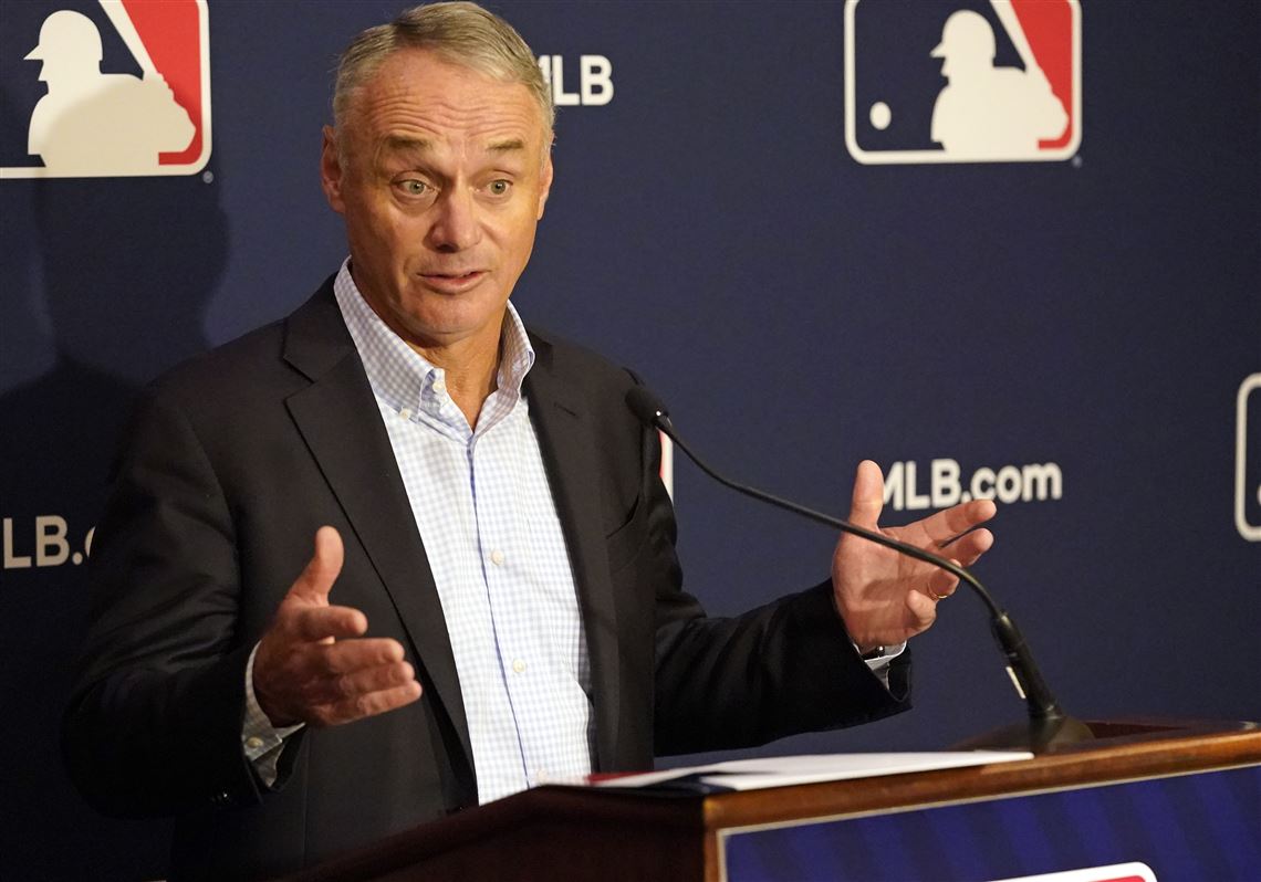 Major League Baseball commissioner Rob Manfred makes comments during a news conference Thursday in Orlando, Fla. Mr. Manfred says spring training remains on hold because of a management lockout and his goal is to reach a labor contract that allows opening day as scheduled on March 31.