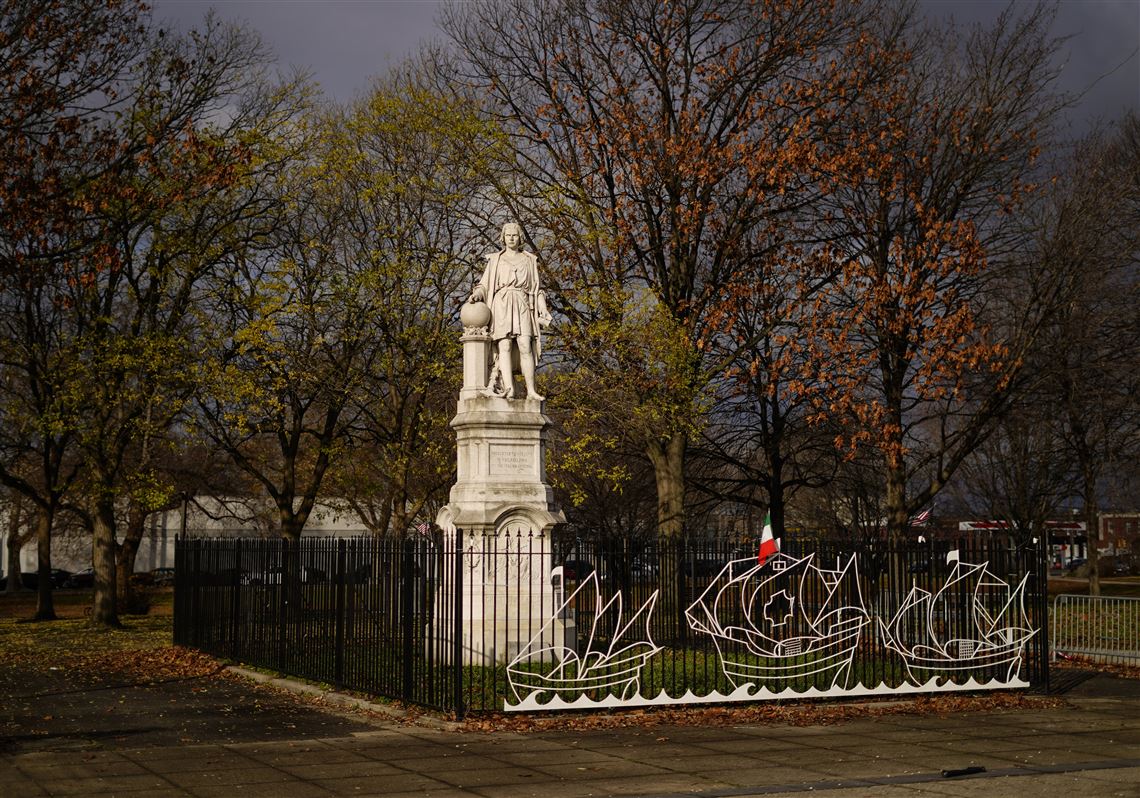 Shown is the statue of Christopher Columbus at Marconi Plaza in Philadelphia, Monday, Dec. 12, 2022. Philadelphia removed the plywood box it placed over the statue after 2020 protests over racial injustice.