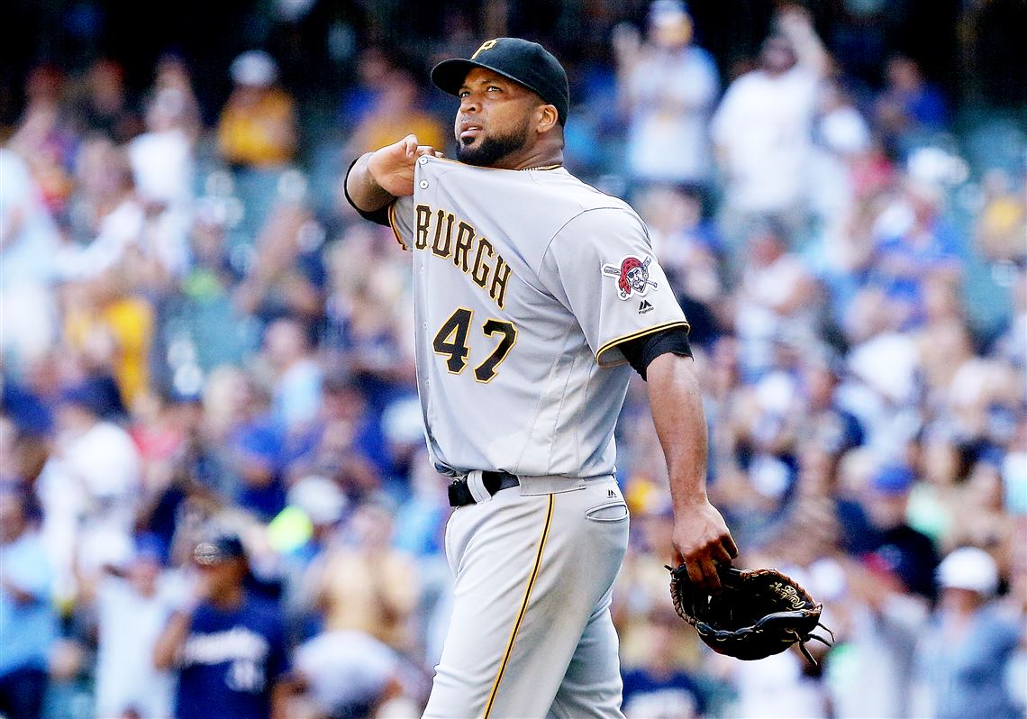 The Pirates' Francisco Liriano reacts after giving up a home run to Chris Carter of the Brewers on Sunday.