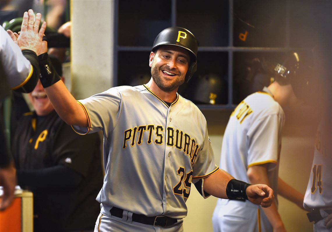 Francisco Cervelli of the Pittsburgh Pirates plays first base