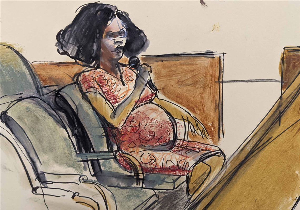 In this courtroom sketch, Jerhonda Pace testifies against R&B star R. Kelly on Wednesday during the singer's sex abuse trial in New York.