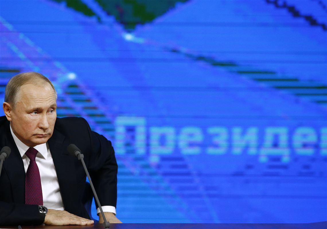 Russian President Vladimir during his annual news conference in Moscow, Russia, Thursday, Dec. 20, 2018. Speaking at news conference Thursday, Putin pointed at the U.S. intention to withdraw from the 1987 Intermediate-Range Nuclear Forces (INF) Treaty. 