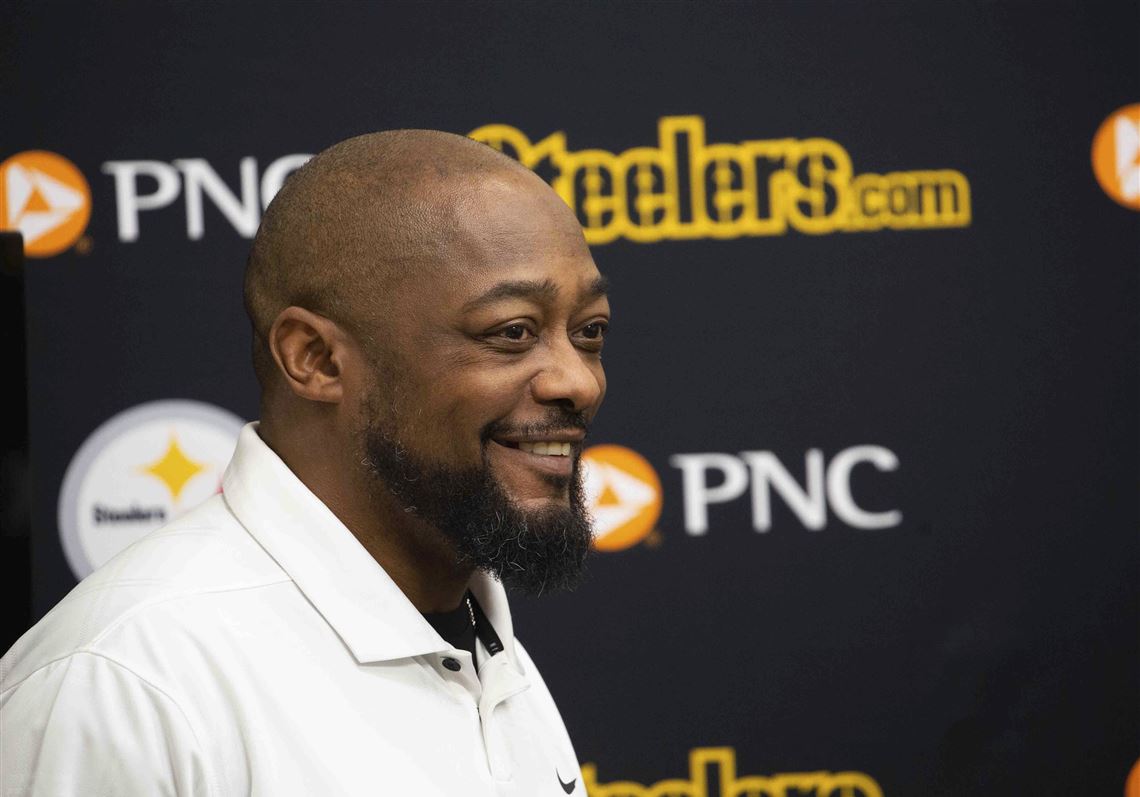 Pittsburgh Steelers head coach Mike Tomlin reacts as he listens to newly signed linebacker Patrick Queen, not pictured, speaks during an NFL football news conference in Pittsburgh, Friday, March 15, 2024, in Pittsburgh. 