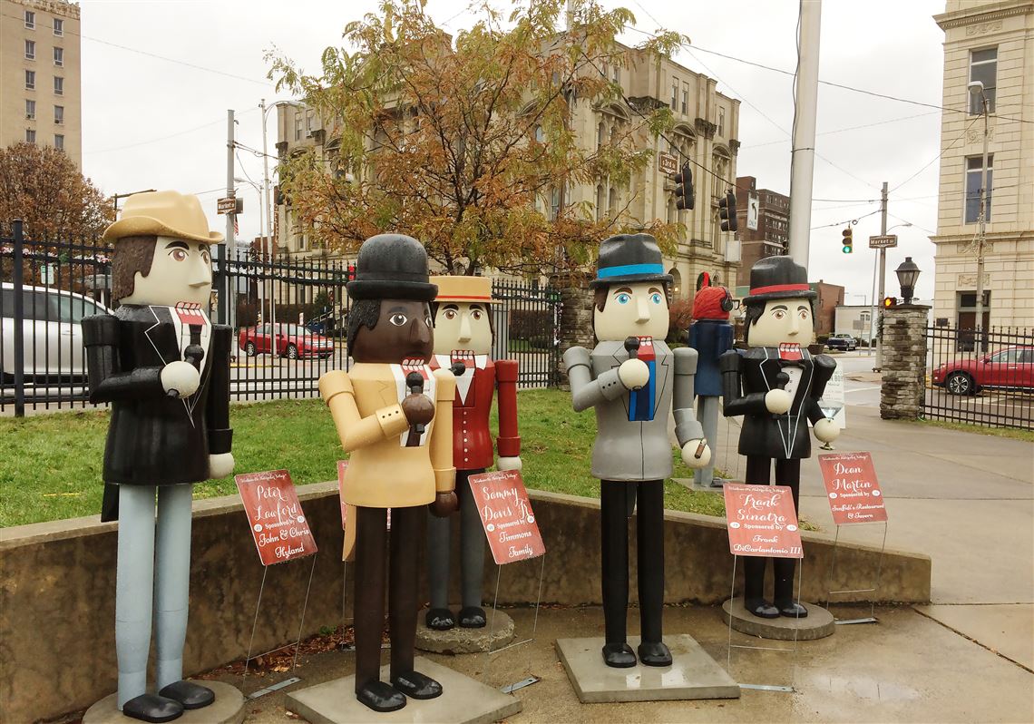 Steubenville's Nutcracker Village includes 170 lifesize nutcrackers, including these representing the famous Rat Pack. From left: Peter Lawford, Sammy Davis Jr., Joey Bishop, Frank Sinatra and Steubenville native Dean Martin.