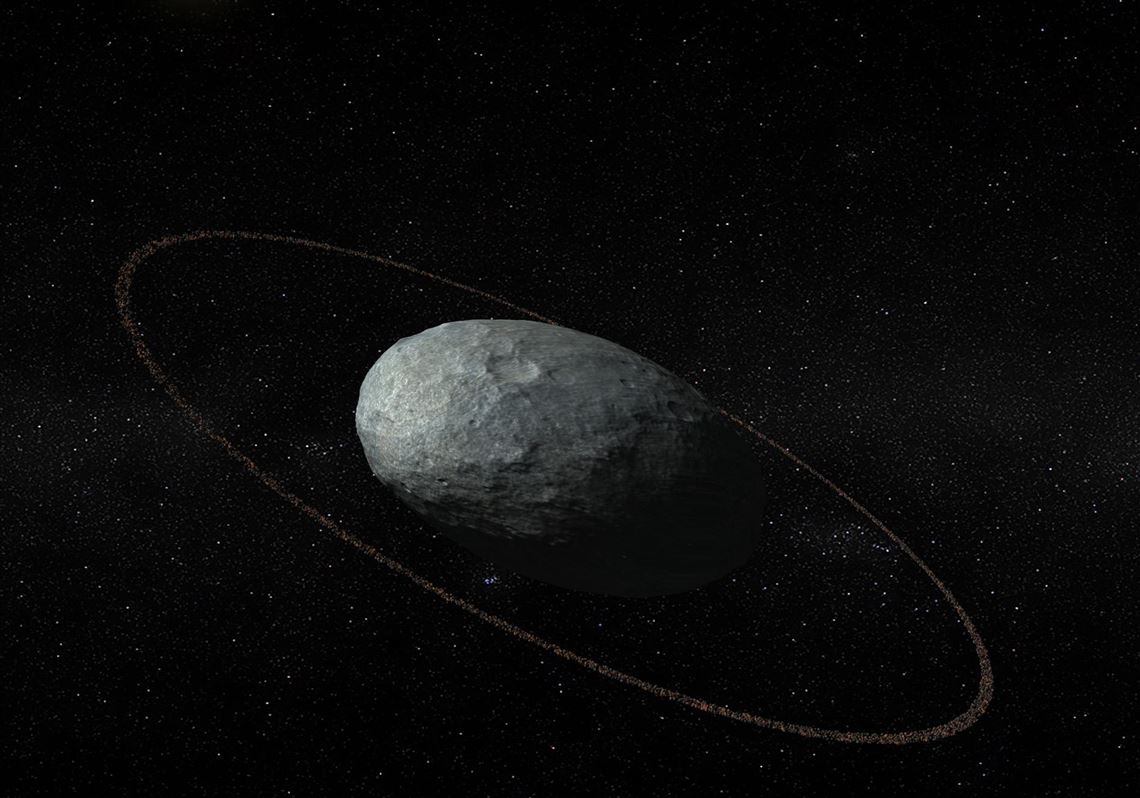 An illustration of the dwarf planet Haumea and its ring system. It was seen through telescopes in Europe on Jan. 21.