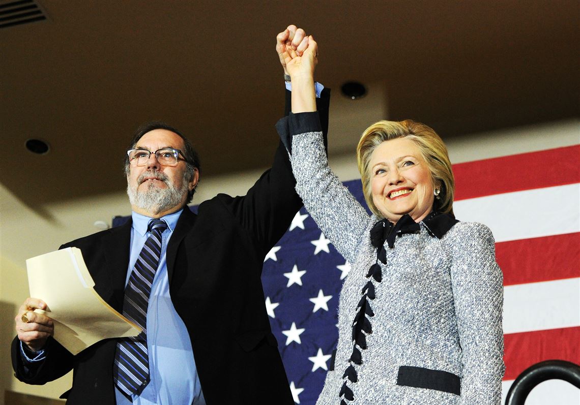 United Steelworkers International President Leo Gerard introduces Democratic presidential candidate Hillary Clinton on Tuesday at the IBEW Local 5 Union Hall on the South Side. Ms. Clinton’s appearance followed a Saturday visit to the area by Donald Trump, at a Pittsburgh International Airport hangar.