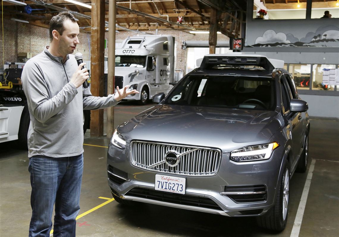 Anthony Levandowski, head of Uber's self-driving program, speaks about their driverless car in San Francisco in Dec. 2016.