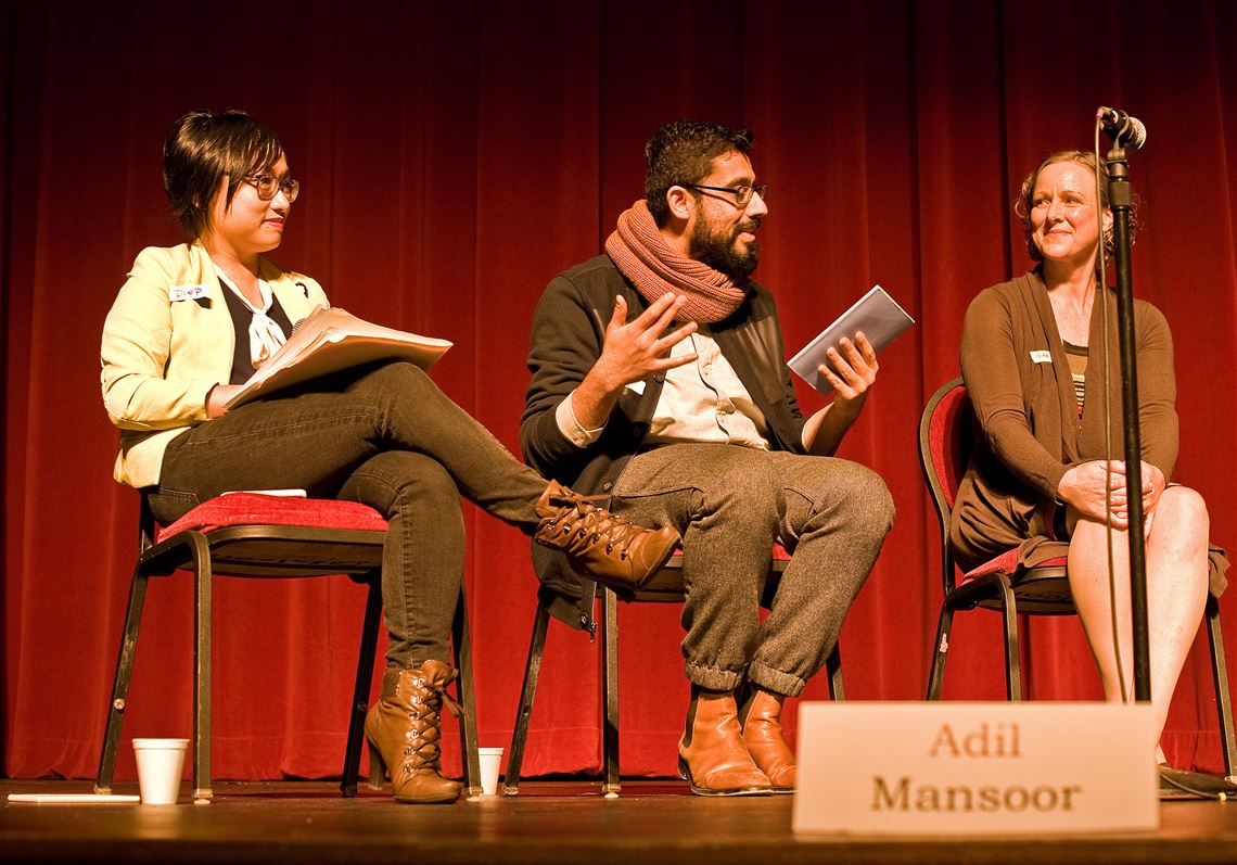 From left: Diep Tran, Adil Mansoor and Gab Cody participate in the Equitable Casting Town Hall on Dec. 12. The event, held at the Charity Randall Theater in Oakland, was a collaboration of Pittsburgh theater artists to promote equitable hiring practices..