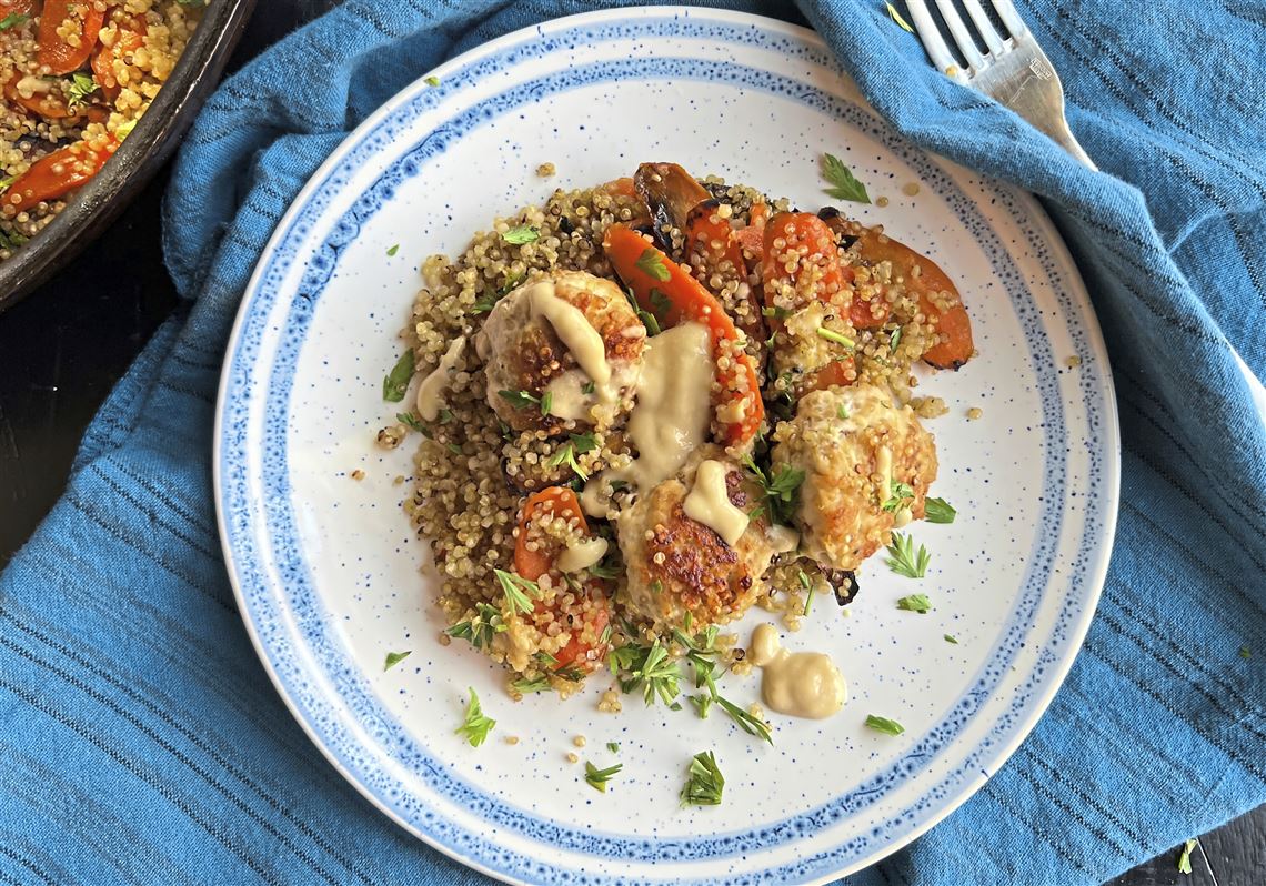 Gretchen's table Chicken meatballs with quinoa and panroasted carrots
