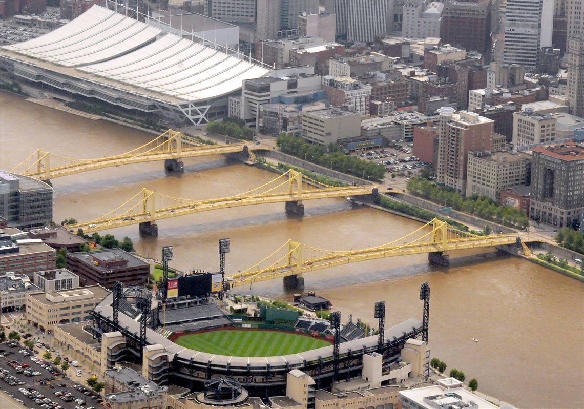 The "Three Sisters Bridges" from top to bottom: the Rachel Carson, Andy Warhol and Roberto Clemente bridges span the Allegheny River and connect Downtown to the North Shore.