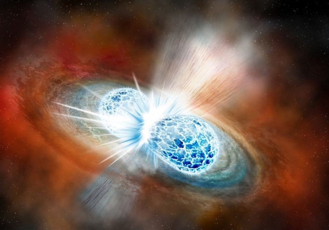An artist's conception of a merger of two neutron stars.