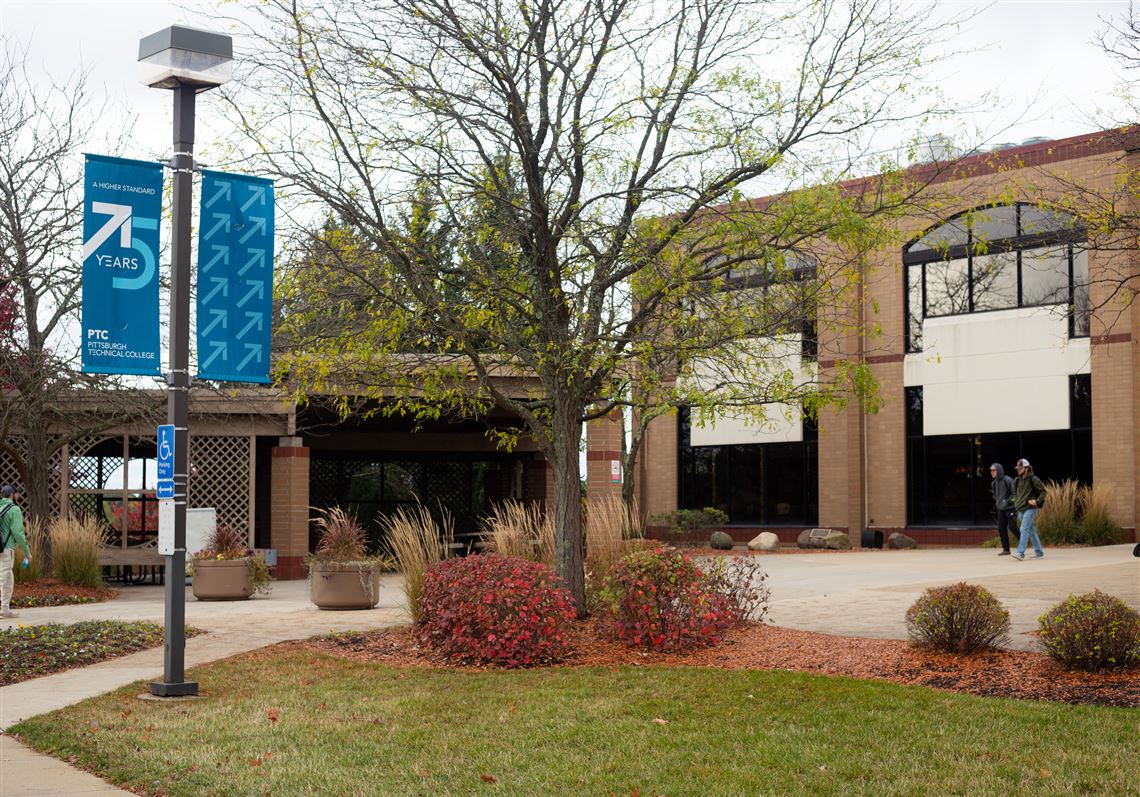 Students leave Pittsburgh Technical College in Pittsburgh's Oakdale borough on Monday, Oct. 16, 2023. Days after its accrediting agency warned that the college lacked a clear plan for hundreds of students, the school’s board said it will close its doors on August 9, once the spring quarter ends.  