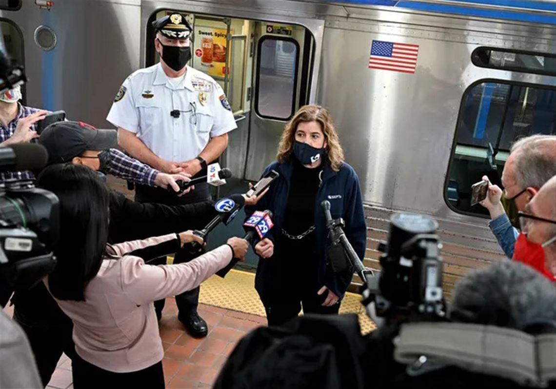 SEPTA Transit Police Chief Thomas Nestel III, left, and SEPTA General Manager Leslie Richards, right, address reporters at the 69th Street Transportation Center.