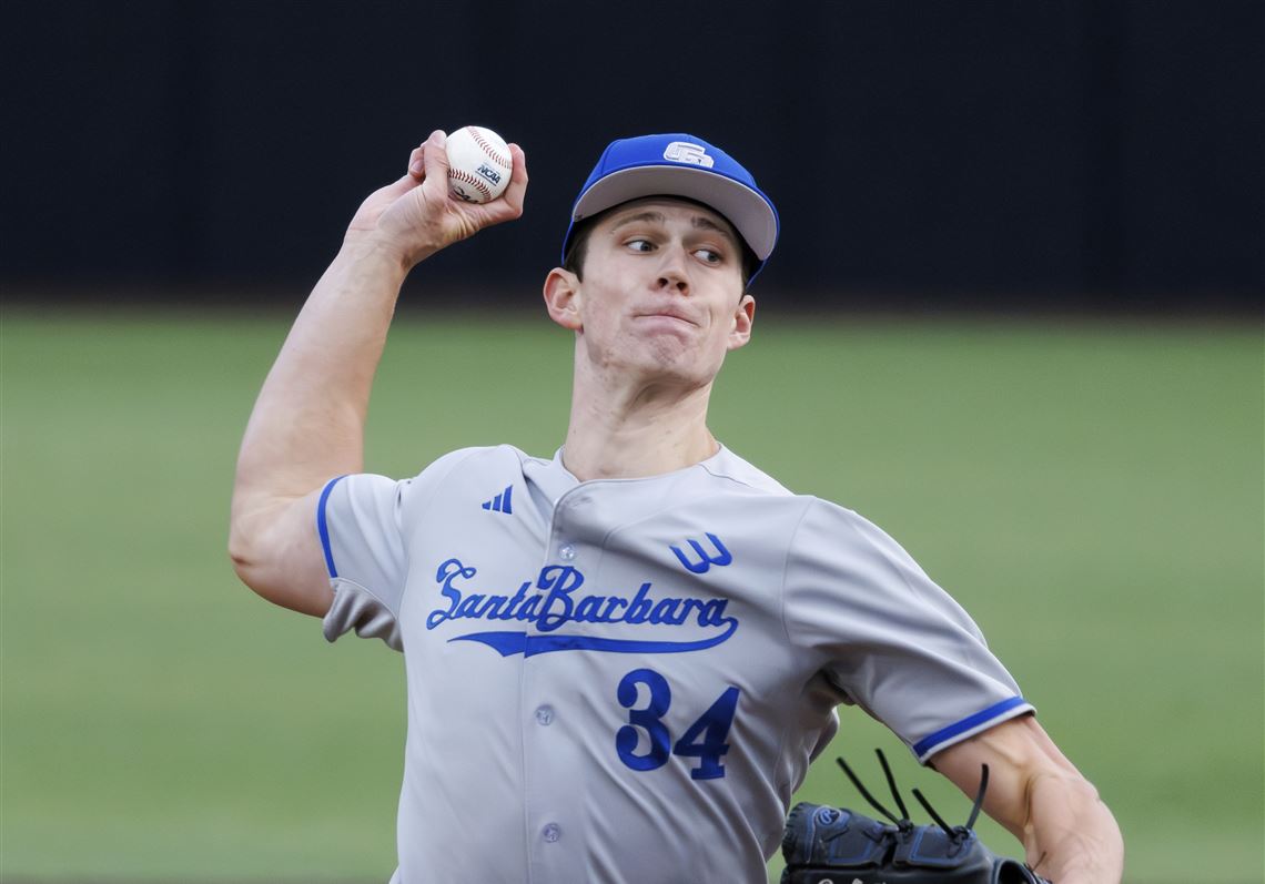 UC Santa Barbara's Matt Ager (34) pitches during an NCAA Baseball game on Friday, Feb. 16, 2024, in Buies Creek, N.C.